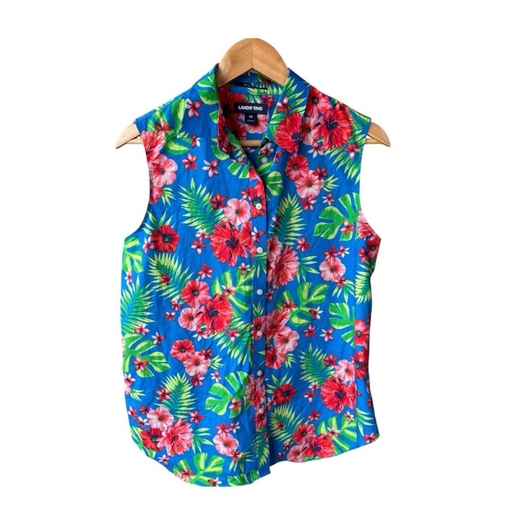 Lands End Shirt Top Blouse Button Up Sleeveless Tropical Floral Supima Cotton 14
